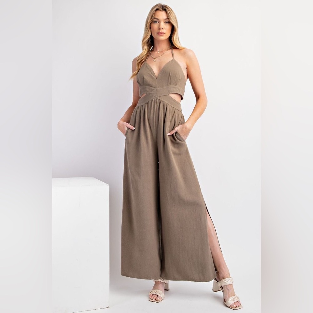 EASEL Linen Halter Neck Jumpsuit (Olive Grey) cutout sides